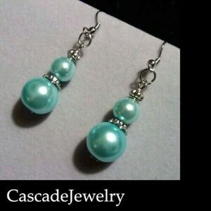 Handmade Long Glass Pearl Earrings Antiqued Silver Beads Pale Aqua Blue
